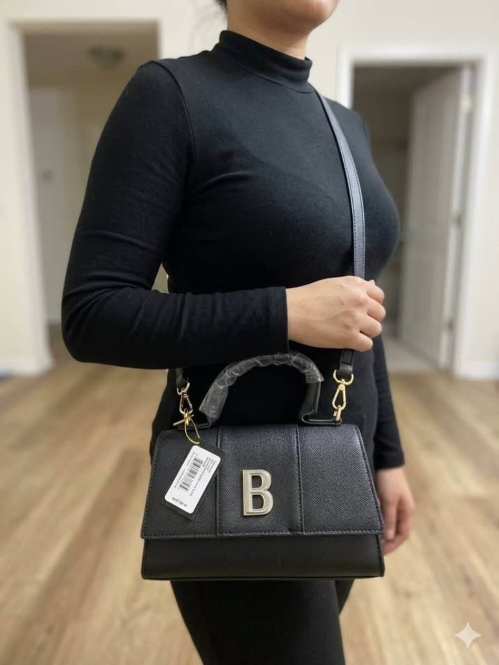 BEBE Amabella Black Satchel Purse – Gold B Detail & Chain Crossbody Strap